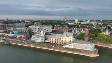Cologne City Giant Ferris Wheel Chocolate Museum Cologne Deutsches Sport Olympia Museum. Germany, Drone. Rhine River