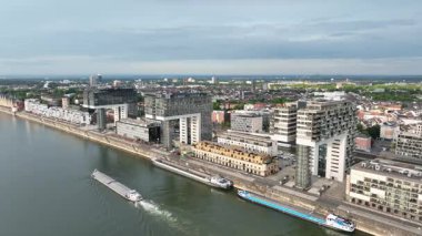 Office Buildings, Zollhafen district at Rhine river Cologne, Germany. Drone