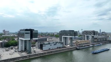 Office Buildings, Zollhafen district at Rhine river Cologne, Germany. Drone