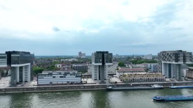 Office Buildings, Zollhafen district at Rhine river Cologne, Germany. Drone