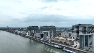 Office Buildings, Zollhafen district at Rhine river Cologne, Germany. Drone