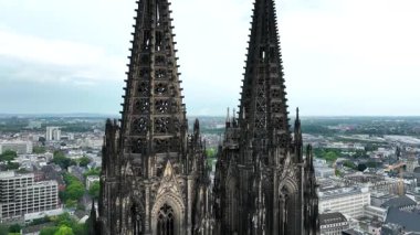 Top of the Cathedral in Cologne City, Germany. Drone, 4k