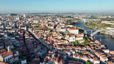 View of panoramic Porto old town and Dom Luis I bridge with Duoro river Portugal. 4k