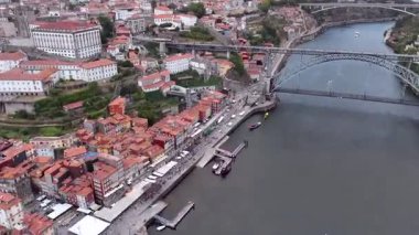 Hyperlapse of Porto, Portugal, aerial view of old town and Dom Luis Bridge over the Douro river. Drone, 4k