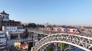 Metro Train On the Dom Puis Bridge in Porto City, Portogal. Drone, 4k
