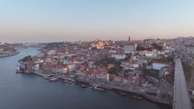Panorama of the Ribeira District of the city of Porto, Portugal. Sunrise. Drone, 4k