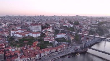 Porto City Downtown Old Town in Portugal. Drone, 4k.