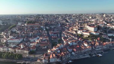 Porto city center and the Douro river, Portugal. Dom Luis I Bridge. Drone. 4k