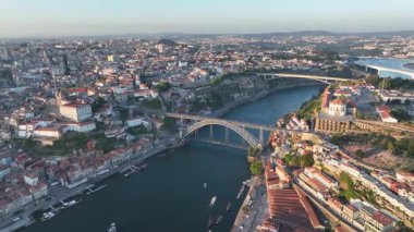 Porto City with Dom Luis Bridge, Douro river, Portugal. Drone, 4k