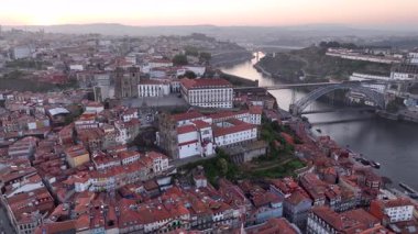 Porto, Portugal Old City Skyline on the Douro River, Dom Luis Bridge . Drone, 4k