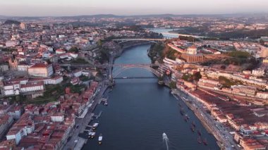 Porto, Portugal, aerial view of old town and Dom Luis Bridge over the Douro river.