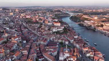 Porto, Portugal, aerial view of old town and Dom Luis Bridge over the Douro river.