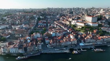 Porto, Portugal, aerial drone view of old town and Dom Luis Bridge over the Douro river.