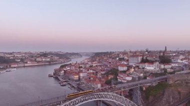 Ribeira District in Porto City, Portugal. Sunrise. Drone, 4k