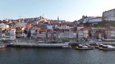 Ribeira District in Porto City. Pier and Downtown. Portugal. Drone, 4k