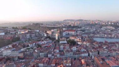 Ribeira District of the city of Porto, Portugal. Drone, 4k