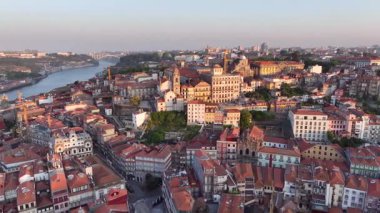 Ribeira District, Porto City, Lisbon. Downtown, Old Town. Drone, 4k