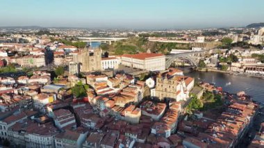 Ribeira District of the city of Porto, Portugal. Drone, 4k