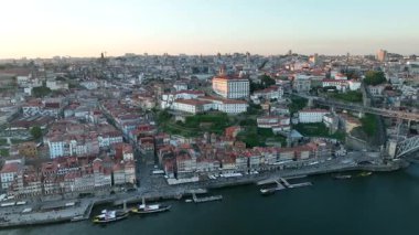 View of Porto city Ribeira District and Douro river and Dom Luis bridge I. Drone, 4k