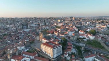 View of Porto old town and Dom Luis I bridge with Duoro river Portugal. Drone, 4k