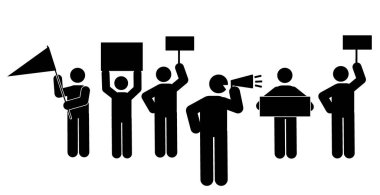 Pankartlı protestocular. Siyah siluetler. Vektör illüstrasyonu.