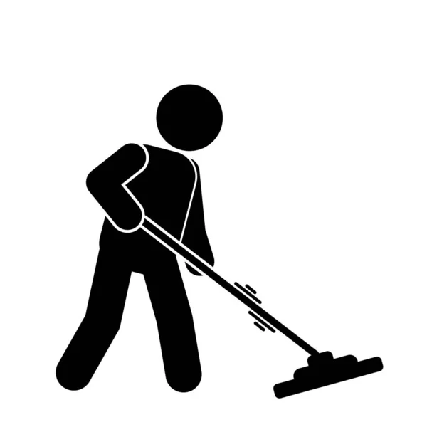 Cleaner Man Cleaning Tools Equipments Stick Figure Pictogram Cleaning Illustration — Stock Vector