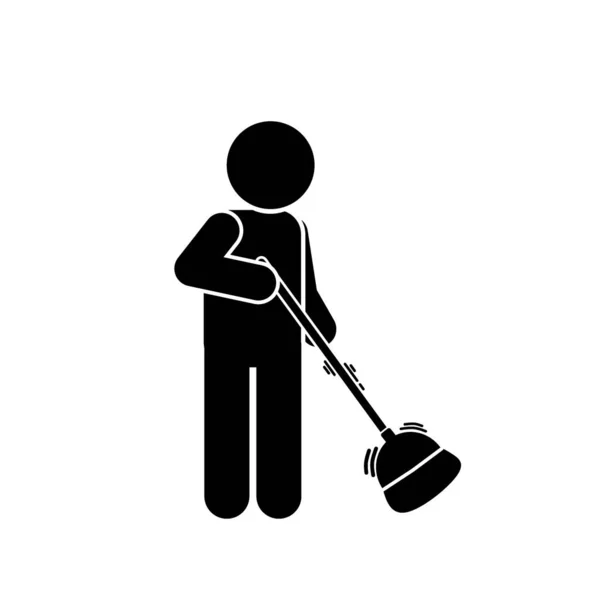 Homem Limpador Com Ferramentas Equipamentos Limpeza Pau Figura Pictograma Ilustração — Vetor de Stock