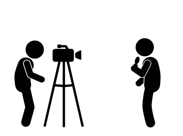 Journalist Interviews Reporter Cameraman Stick Figure — Stock Vector