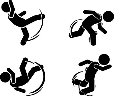 Düz çizim vektör çubuk figürü, stickman, piktogram merdivenlerde kaydı, kaydı, kaygan