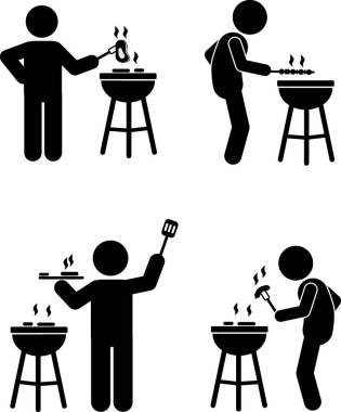 düz tasarım vektör illüstrasyonu, çubuk adam figürü Grill, Smoke, Marinade, Kömür, Flavor, Barbekü Sosu, Izgara Tekniği, Et, BBBQ Pit, Wood Chips, Rubs, BBBQ Seasoning, Low and Slow, Smoked Meats, Sear, Basting, BBQ Tools