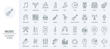Müzik ince çizgi simgeleri vektör illüstrasyonunu ayarlar. Taraftarlar için müzik aletleri sembolleri ve vinil diskler, stereo hoparlörler ve kulaklıklar stüdyo sesini, arayüz çalma listesi düğmelerini ve notaları dinlemek için.