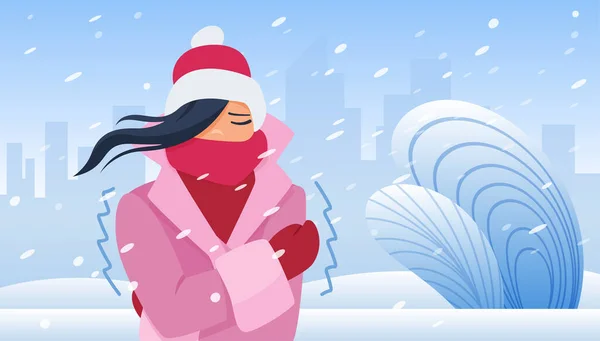 Mädchen Laufen Bei Kaltem Winterwetter Mit Wind Und Schnee Vektorillustration — Stockvektor