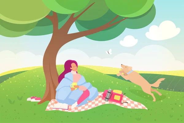 Piknik Zewnątrz Weekend Wektor Ilustracji Cartoon Szczęśliwy Czas Sceny Dziewczyną — Wektor stockowy