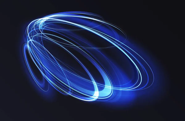 明亮的 未来主义的霓虹灯蓝光能量环 抽象的三维光效应矢量图解 魔法发光的速度旋转 发光的涡旋轨迹圈 明亮闪光的线条黑色背景 — 图库矢量图片