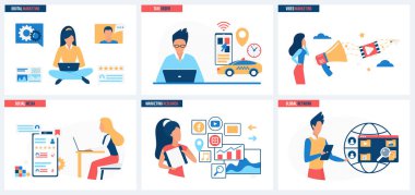 Küresel pazarlama, sosyal medya ve video reklamcılığı, taksi siparişi vektör illüstrasyonu. Çizgi filmlerdeki küçük insanlar klasörle ve dosyalarla çalışıyorlar telefon ekranı, hedef ilanlar kurye bağlantılarında.