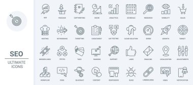 SEO, business technology thin line icons set vector illustration. Outline social media analytics and internet network, mobile app symbols, copywriting and niche research, likes for content and links clipart