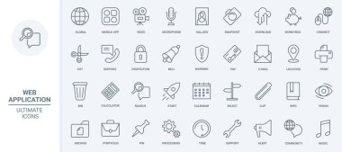 Mobil uygulamalar ince çizgi simgeleri vektör illüstrasyonunu ayarlar. Ana hatlı mikrofon ve hesap makinesi, video ve müzik galerisi web uygulaması telefon, e-posta ve konum bilgisi araması, küresel destek servisi