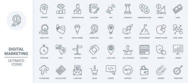 Dijital pazarlama stratejisi ve iş görüşü ince çizgi simgeleri vektör illüstrasyonunu belirler. Megafon ve viral video, blog analizleri, güvenlik ve satış hunisi ile internet ağı reklamları ana hatları