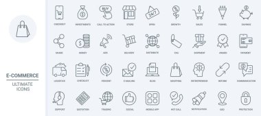 Ticaret, alışveriş teknolojisi ince çizgi simgeleri vektör illüstrasyonunu ayarlar. Taslak ticaret, iş yatırımı ve çevrimiçi ödeme, dağıtım ve lojistik, blog 'da yüzde indirimin reklamı