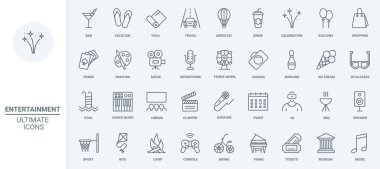 Eğlenceli parti olayları, seyahat tatili ve boş zaman çizgisi simgeleri vektör illüstrasyonunu ayarlar. Karaoke ve havai fişekler için özet mikrofon, mutlu barbekü pikniği ve sinema filmleri, eğlence sembolleri.