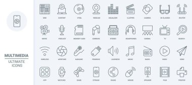 Çoklu ortam içeriği, ekipman ve eğlence ince çizgi simgeleri vektör illüstrasyonunu ayarlar. Soyut ana hat video kamera ve mikrofon, fotoğraf, film ve müzik kütüphanesi mobil uygulaması, kulaklık ve oyunlar