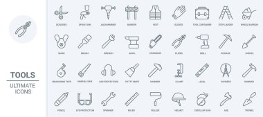 Marangozluk, inşa ve onarım için inşaat aletleri ve ekipmanlar ince çizgi simgeleri vektör illüstrasyonunu ayarlar. İşçi, anahtarcı ve çekiç için özet güvenlik kaskı ve yelek, boya.