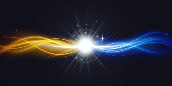 神奇的发光波浪形曲线形状连接和发光 涡旋发光能量线在透明的黑色背景上 闪光的黄蓝色波连接和流动矢量图解 — 图库矢量图片