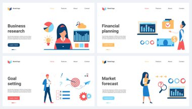 İş araştırmaları, finans planlaması ve borsa eğilimlerine ilişkin çevrimiçi tahminler vektör illüstrasyonunu belirledi. Çizgi filmlerdeki küçük insanlar hedef ayarlar ve finansal planlarla çalışıyorlar, grafik sonuçlarını izliyorlar