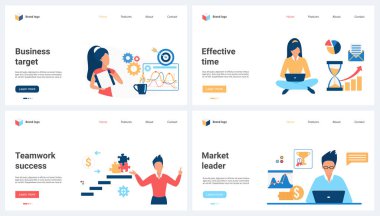 İş hedefi, başarıya giden merdiven ve liderlerin kariyeri, etkili piyasa analizi vektör illüstrasyonu. Çizgi filmlerdeki küçük insanlar online finansal trendler, liderlik ve takım çalışması çizelgeleriyle çalışıyorlar.