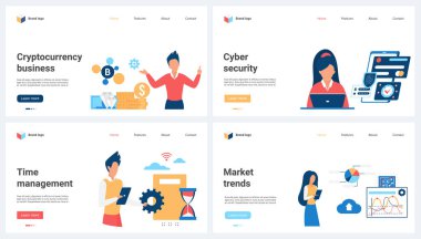 Kripto para birimi, zaman yönetimi ve piyasa eğilimleri, iş güvenliği vektör çizimi. Çizgi filmlerdeki küçük insanlar para kar tahminleri, veri bilgi altyapısı koruması için çizelgelerle çalışıyorlar.