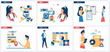 SEO takım çalışması, teknik süreç, mobil uygulamanın sistem çözümleri ve çevrimiçi perakende piyasa analizi vektör illüstrasyonunu ayarladı. Çizgi filmlerdeki küçük insanlar dijital tasarım, ekipman ve teknik süreçlerle çalışıyorlar.