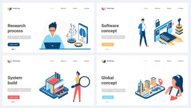 Yazılım geliştirme, küresel sistem set vektör illüstrasyonunun araştırma süreci. Çizgi filmlerdeki küçük insanlar gelecekteki şehir modelleriyle çalışıyor, akıllı sistemler dijital beyin ve yapay zeka teknolojisini kullanıyor.