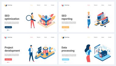 SEO optimizasyonu, veri işleme ve rapor, proje geliştirme vektör çizimi. Çizgi film küçük insanlar dijital pazarlama hizmetini geliştirmek için denetim performansını büyüteçle araştırıyorlar
