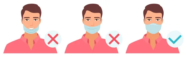 Corretto Scorretto Uso Della Maschera Medica Parte Dell Uomo Impostare — Vettoriale Stock